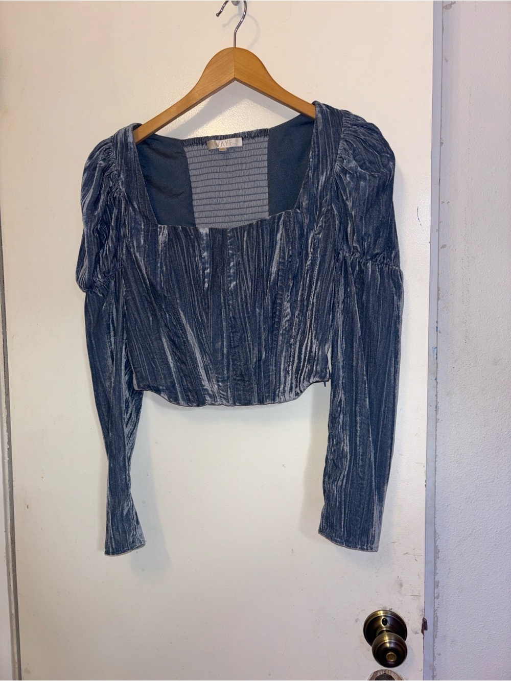 Wayf Velvet Cropped Long-Sleeve Top in Slate Blue